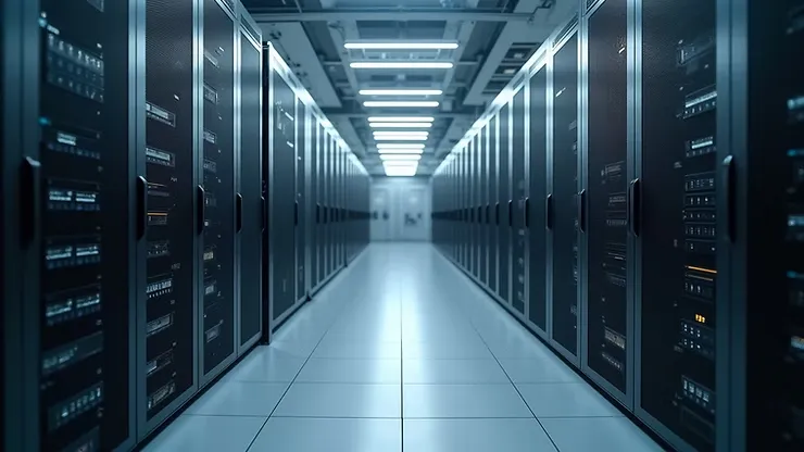 Wide angle view of a modern data center's exterior