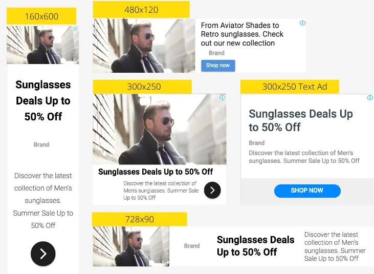 Display ad format variations in Google Ads vs Social Media Ads comparison, showing banner examples like 300x250 and 728x90 for sunglasses promotion