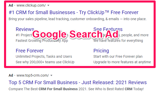 Example of a Google Search Network ad displaying a CRM promotion, used to compare Google Ads vs Social Media Ads strategies