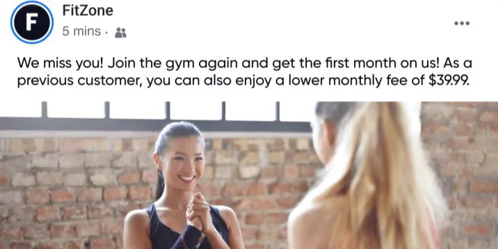 Facebook remarketing ad example used to compare targeting approaches in Google Ads vs Social Media Ads; a fitness brand re-engages past visitors