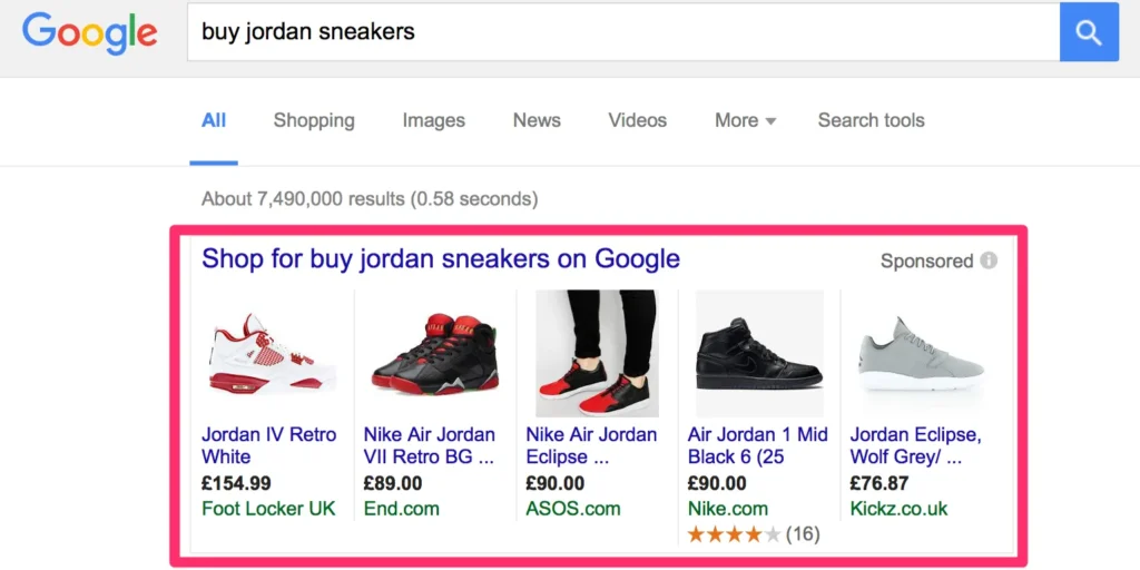 Google Shopping Ads example for Jordan sneakers, used to compare shopping intent targeting in Google Ads vs Social Media Ads