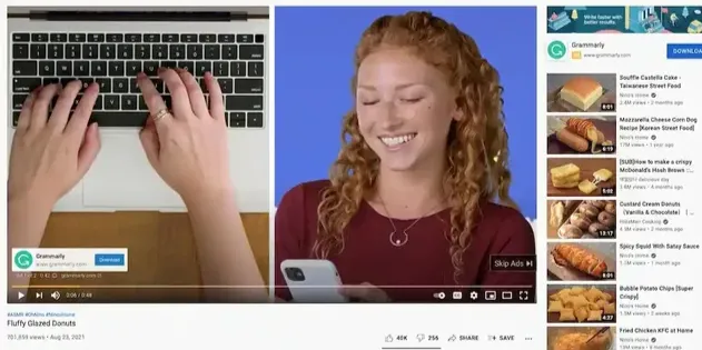 Grammarly video ad playing before YouTube content, illustrating how Google Ads vs Social Media Ads differ in video advertising formats
