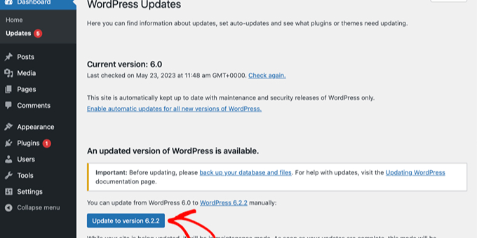 WordPress Dashboard Displaying an Available Version Update