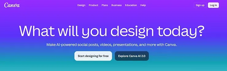 Canva homepage with question based headline and clear description of design capabilities